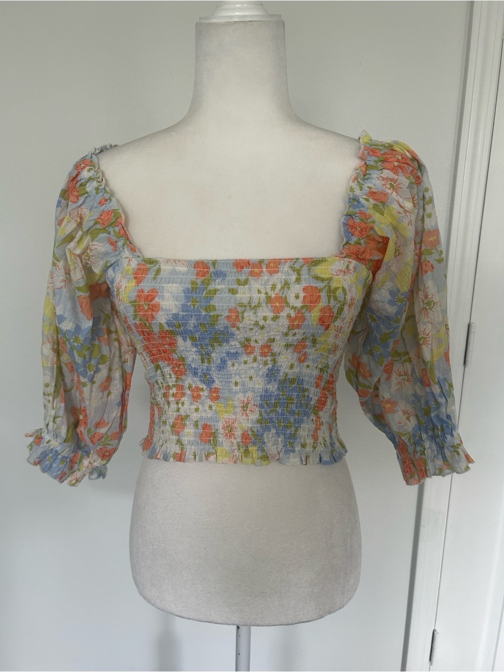 Billabong Floral Smocked Square-Neck Crop Top - Coral Blue Green